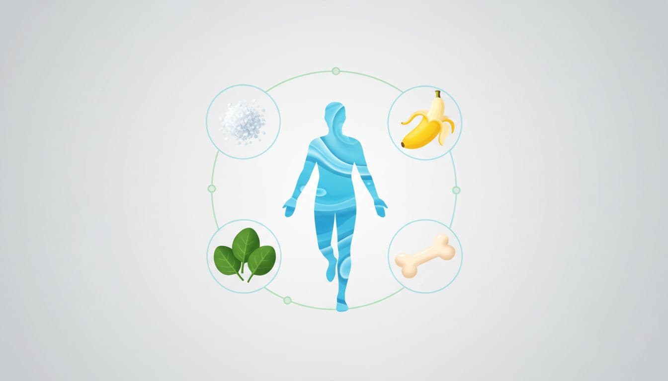 Salt crystals, banana slice, spinach leaf, and bone circle a central hydrated human silhouette in motion.