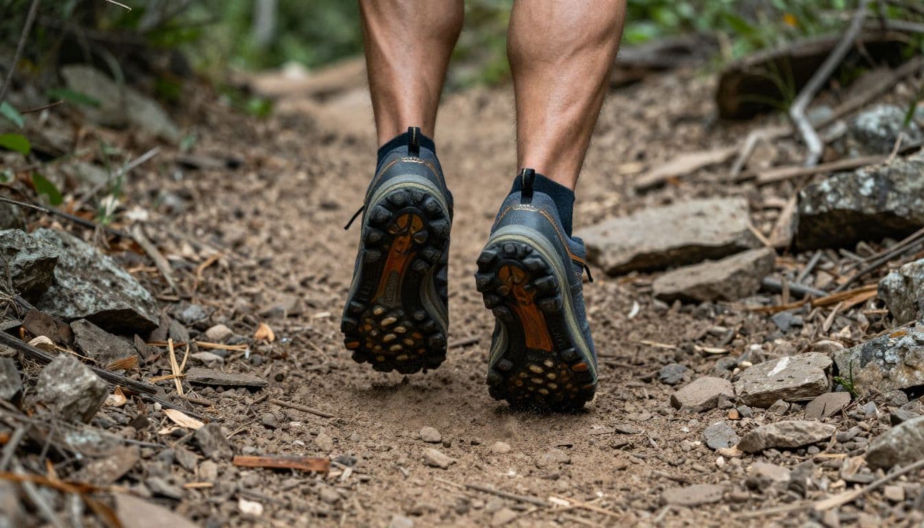 A close-up view shows a rugged running shoe tread gripping uneven, dusty forest soil filled with small rocks and loose dirt. The textured outsole demonstrates traction on this technical terrain.