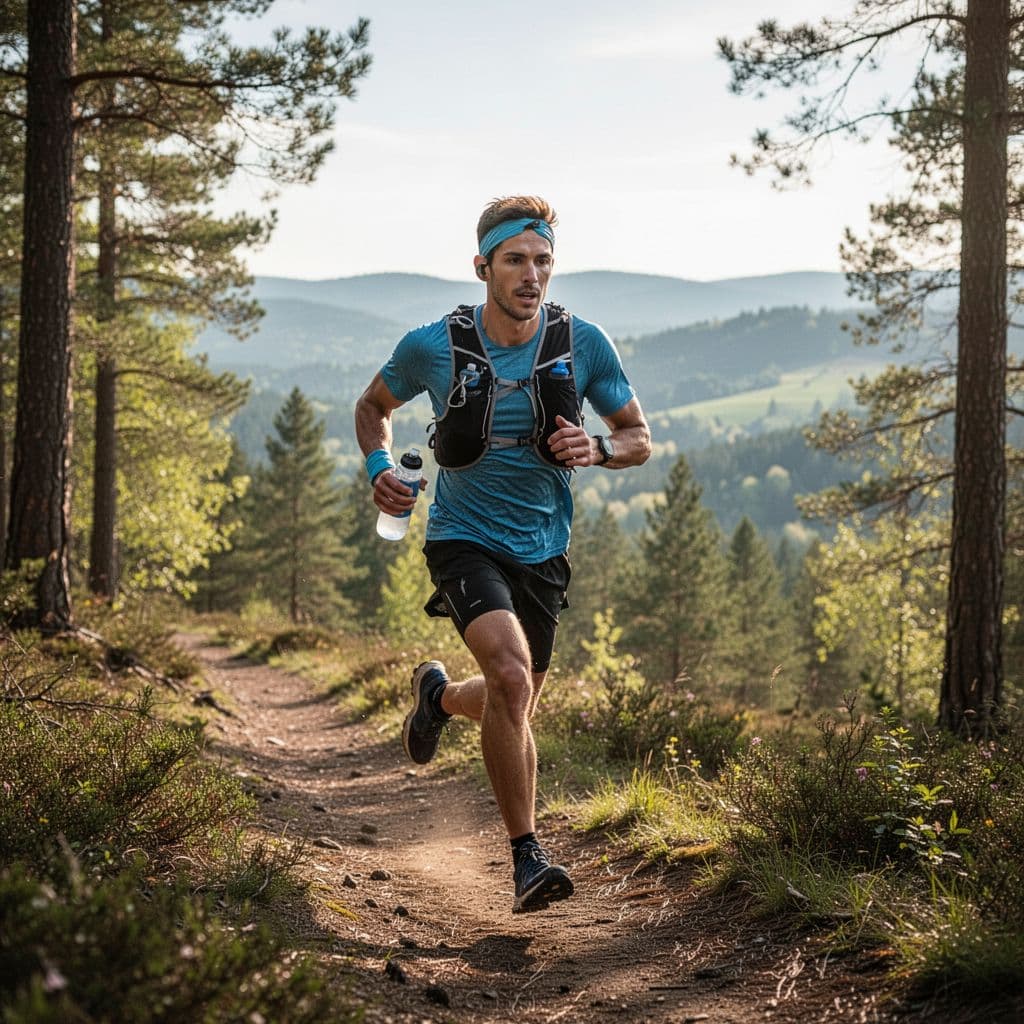 An endurance athlete runs along a dirt trail wearing a hydration vest while holding a water bottle.