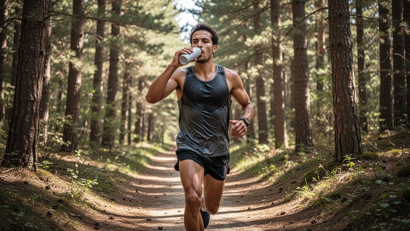 An energized runner captured mid-stride on a sunny trail, sipping from a handheld water bottle with sweat glistening, looking strong and focused in a dynamic action pose.