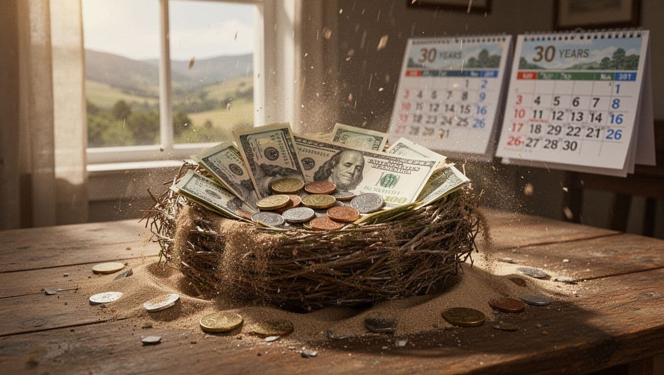 A photorealistic pile of U.S. dollar bills and coins shaped as a bird's nest on a wooden table, crumbling like sand from wind to symbolize inflation eroding purchasing power over 30 years with a subtle time-lapse background.