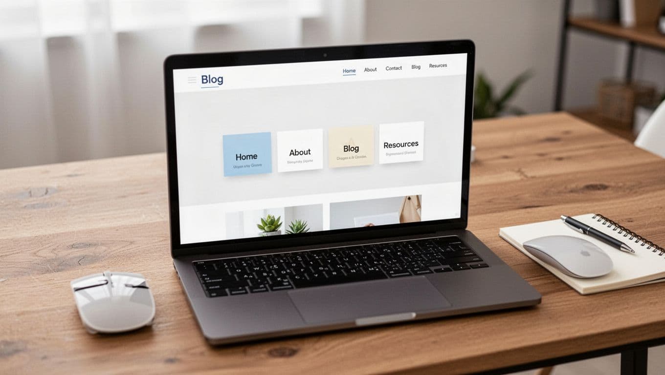 Clean laptop screen displaying a simple blog homepage with Home, About, Contact, Blog, and Resources navigation menu, set in a modern workspace on a wooden table with mouse and notepad under soft lighting.