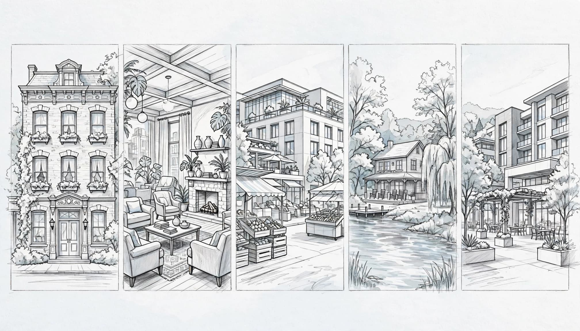 Five Eugene hotel scenes show downtown, market, riverside, and shopping-center settings in a graphite sketch collage.