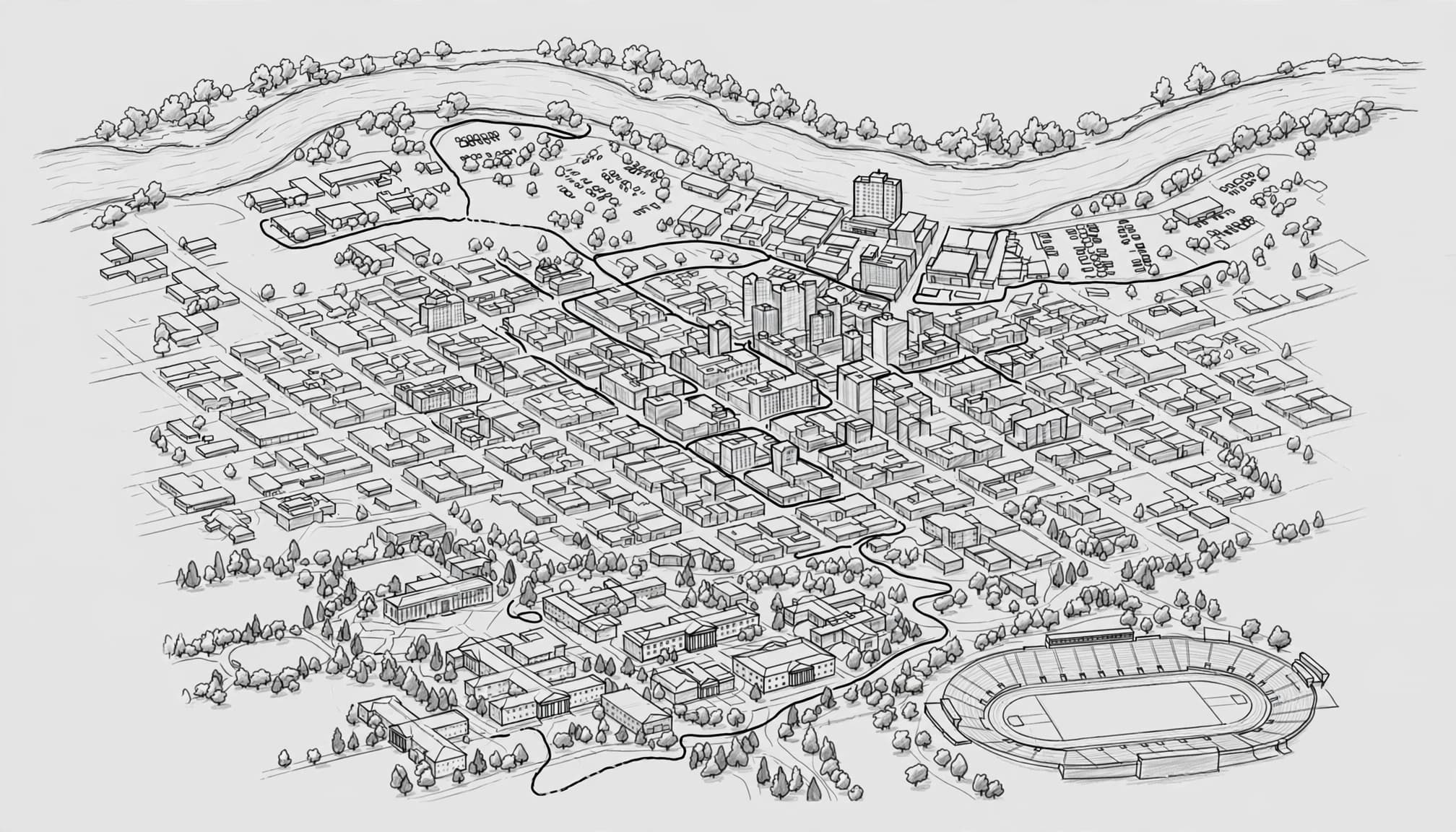 Sketch map showing Eugene downtown, a stadium, riverfront trees, hotel, and winding route.