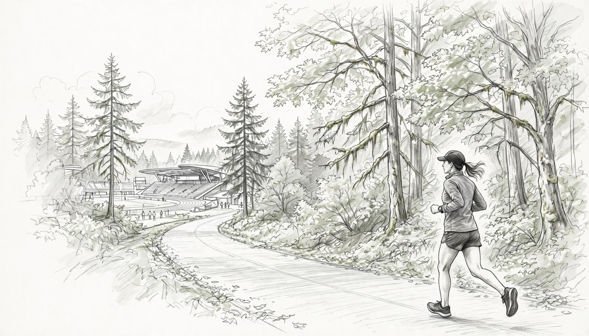 One runner travels along a tree-lined road toward a modern stadium.