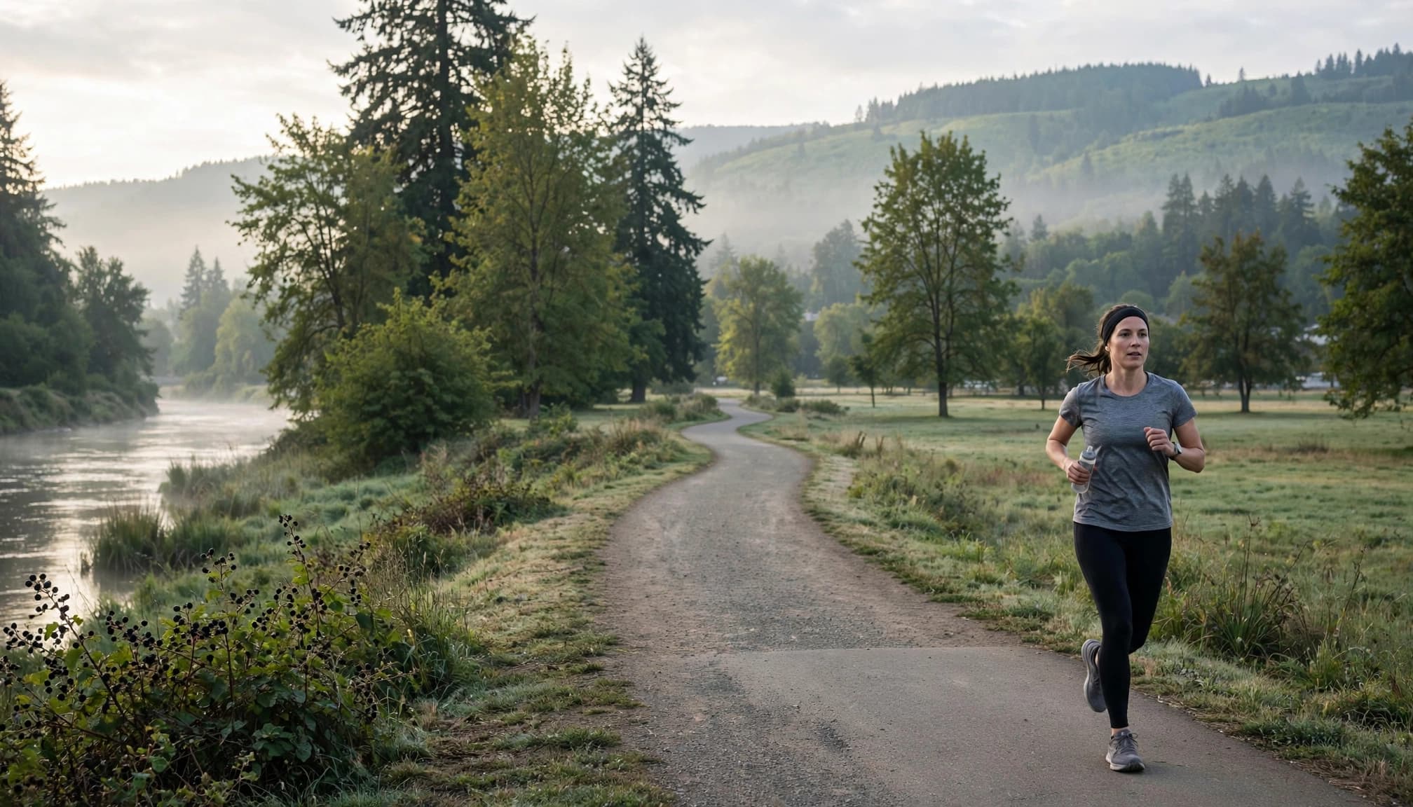 A lone runner follows a riverside path with a water bottle in soft morning light.