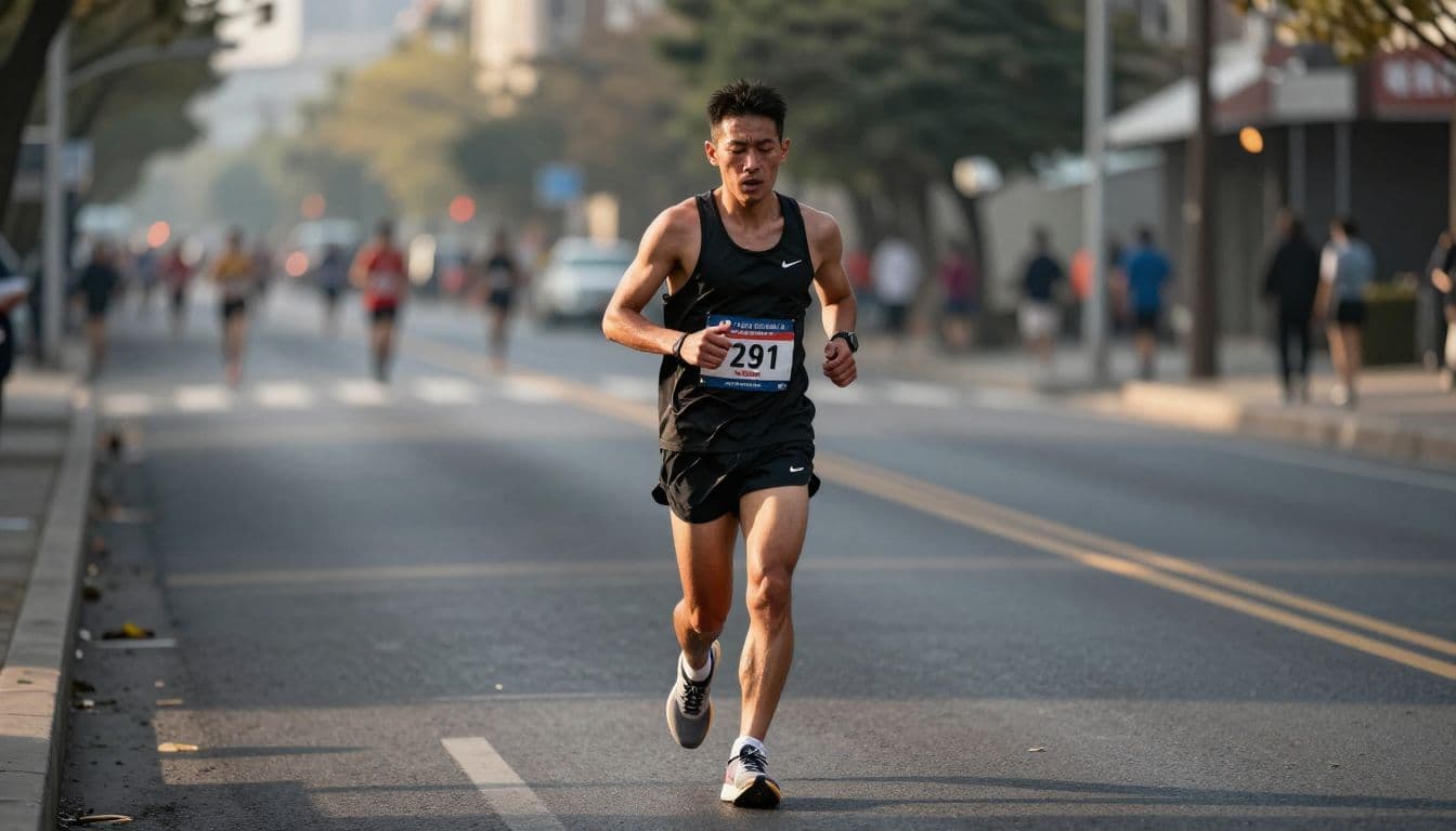 A focused athlete in professional running gear pushes forward on a paved urban street. Dappled late afternoon sunlight illuminates the runner's determined expression as they maintain a steady pace toward completion.