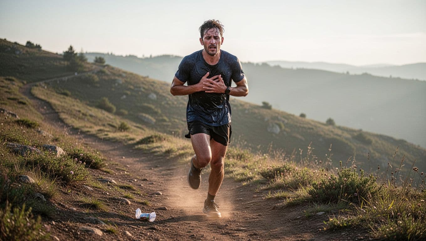 A fatigued runner mid-stride on a hilly trail during a sunny morning, clutching their chest with a sweaty exhausted face indicating energy crash, empty candy bar wrapper discarded nearby.