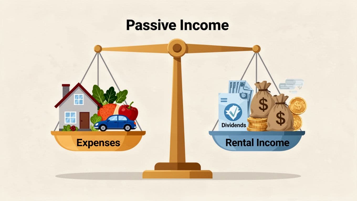 Simple infographic of a balance scale with expenses side featuring house, food, and car icons, opposite side showing passive income streams like dividends, rental, and money bags. Clean vector illustration with bright colors and neutral background.