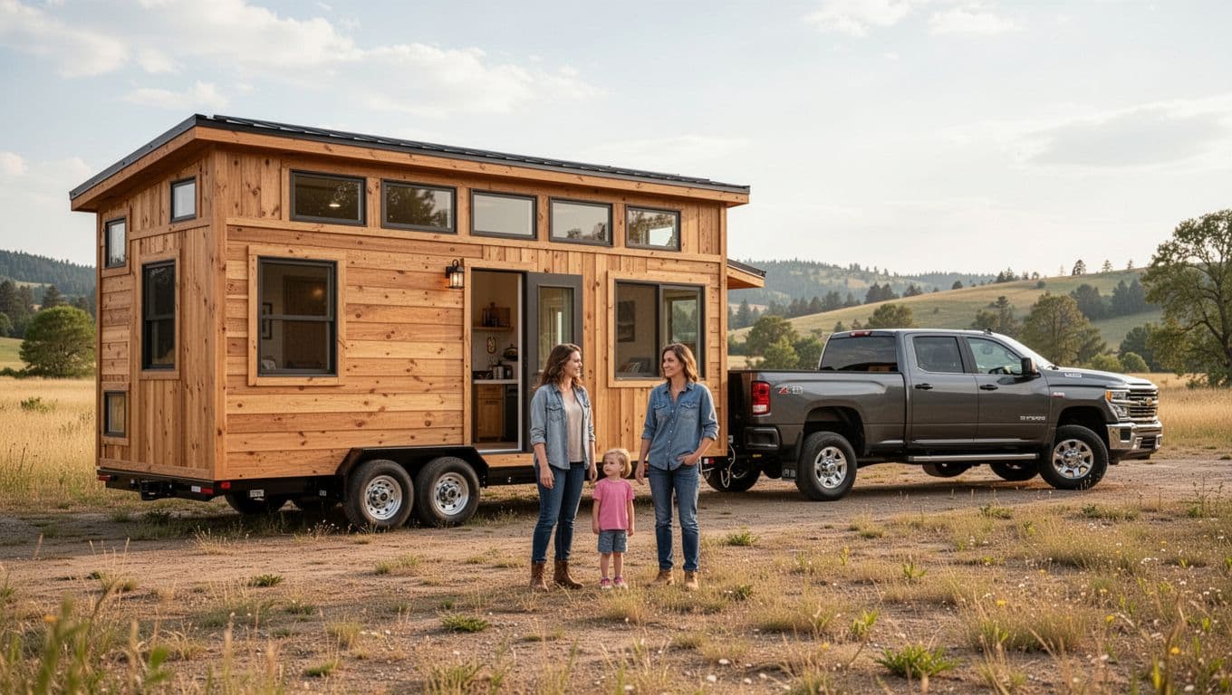 A spacious 8x30 feet tiny home on wheels parked in a rural area with a 3/4-ton towing truck nearby, featuring two adults and one child relaxing outside in natural daylight realistic photograph.