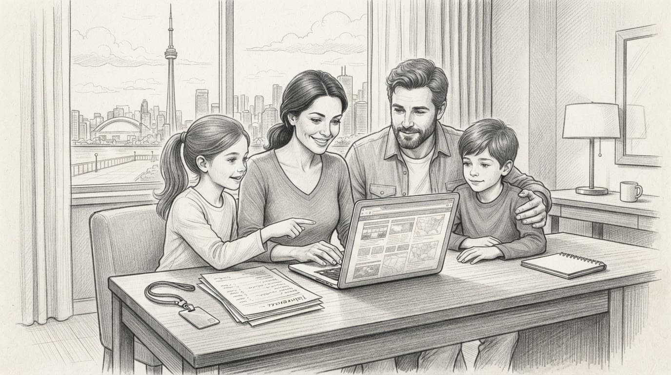 A family of four reviews a laptop beside a hotel itinerary and room key, with a skyline outside.