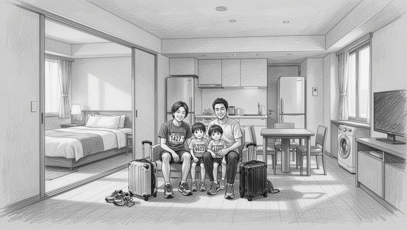 Four family members rest in a bright hotel suite with luggage and running shoes nearby.