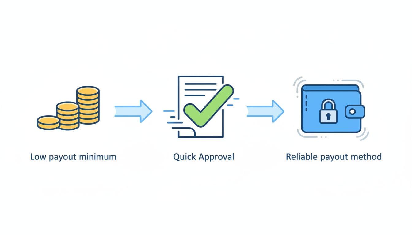 Three connected icons arranged horizontally with arrows: a small coin stack for low payout minimum, a fast checkmark stamp for quick approval, and a secure wallet for reliable payout method. Simple modern infographic illustration in bright clean colors on a white background.
