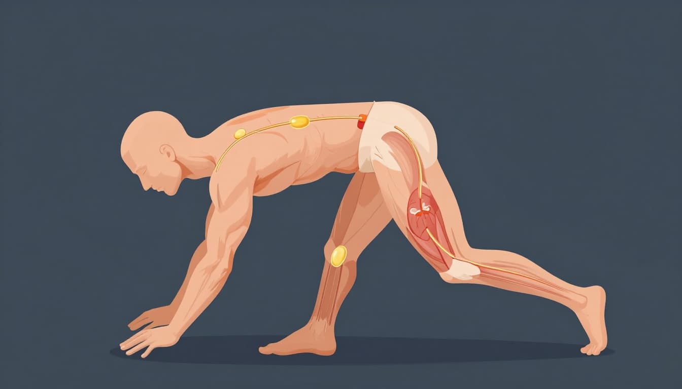 Simplified anatomical cross-section of a fit human body during morning fasted cardio workout, showing fat cells releasing fatty acids into bloodstream, depleted glycogen stores in muscles and liver, and energy flow to heart and legs.