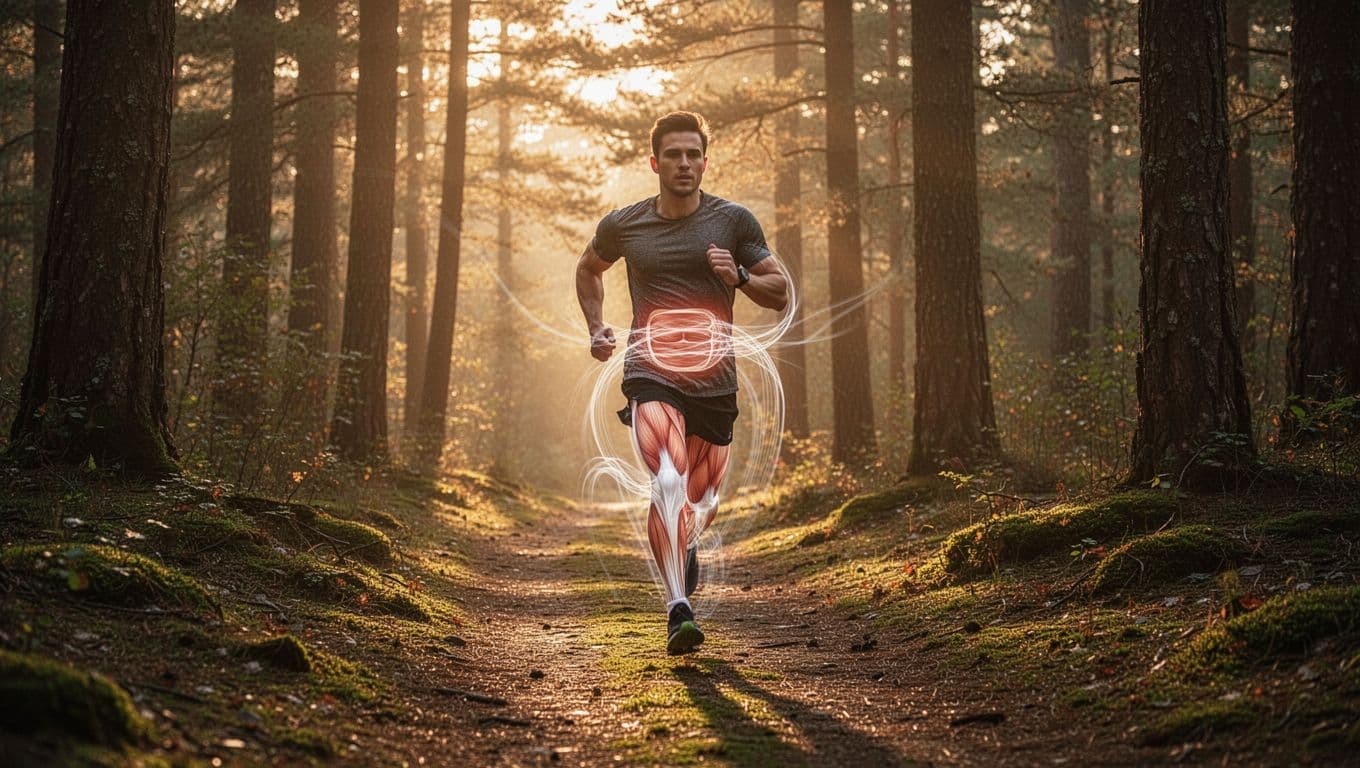 A runner jogging dynamically on a forest trail at sunrise, with subtle glowing energy lines flowing from midsection fat stores to leg muscles, illustrating fat burning in a realistic photography style with warm morning light.