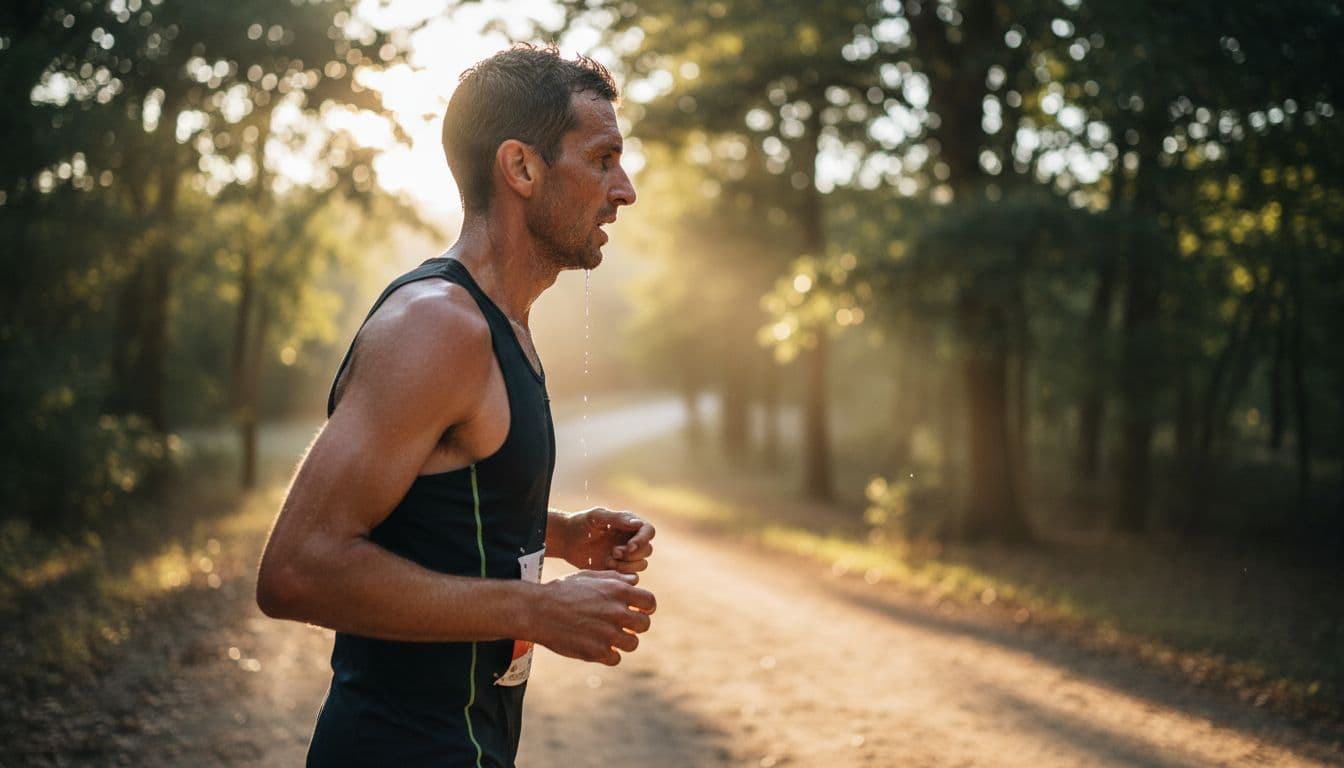 Fatigued runner with dripping sweat, strained muscles, and dry lips jogs side-view on sunny tree-lined trail.