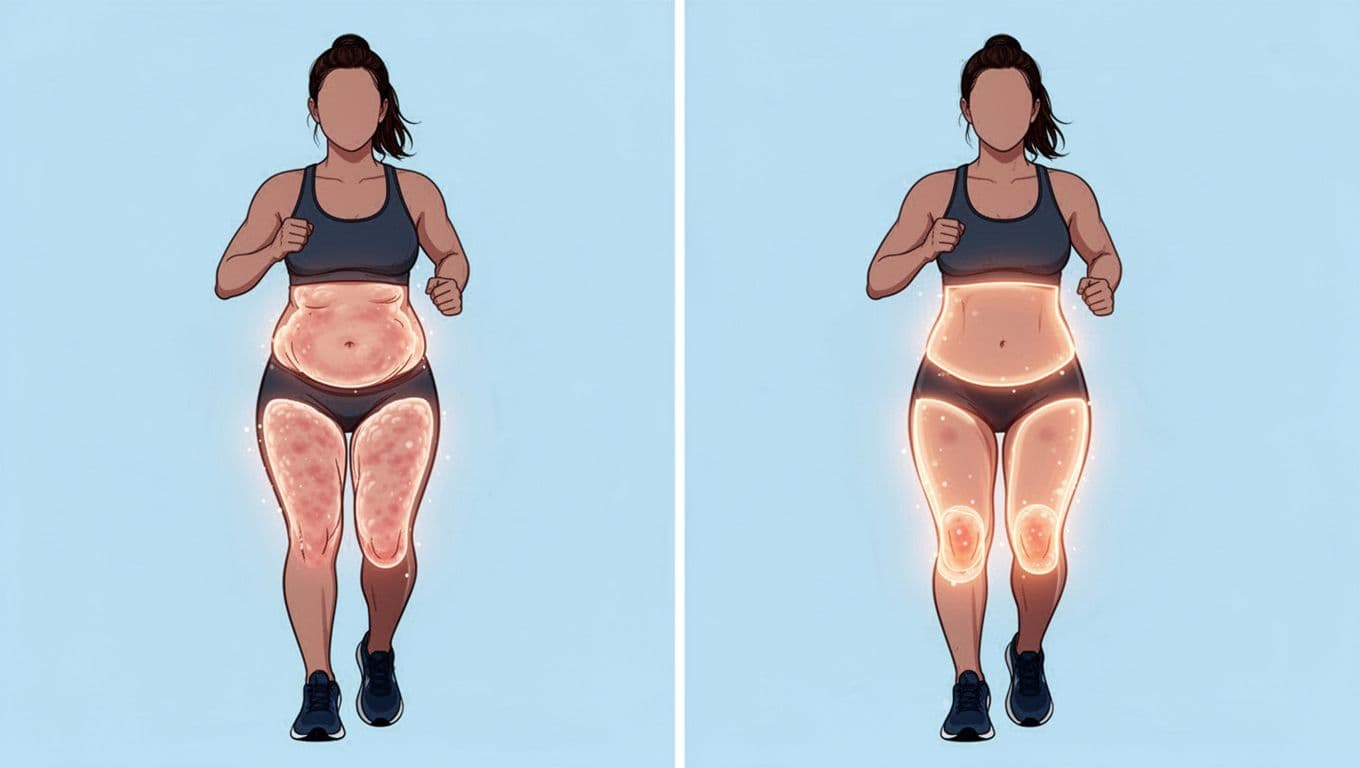 Split image illustrating before and after fat reduction on a female runner's body silhouette, with even loss across thighs, arms, and belly in a simple anatomical diagram style featuring soft glowing highlights.