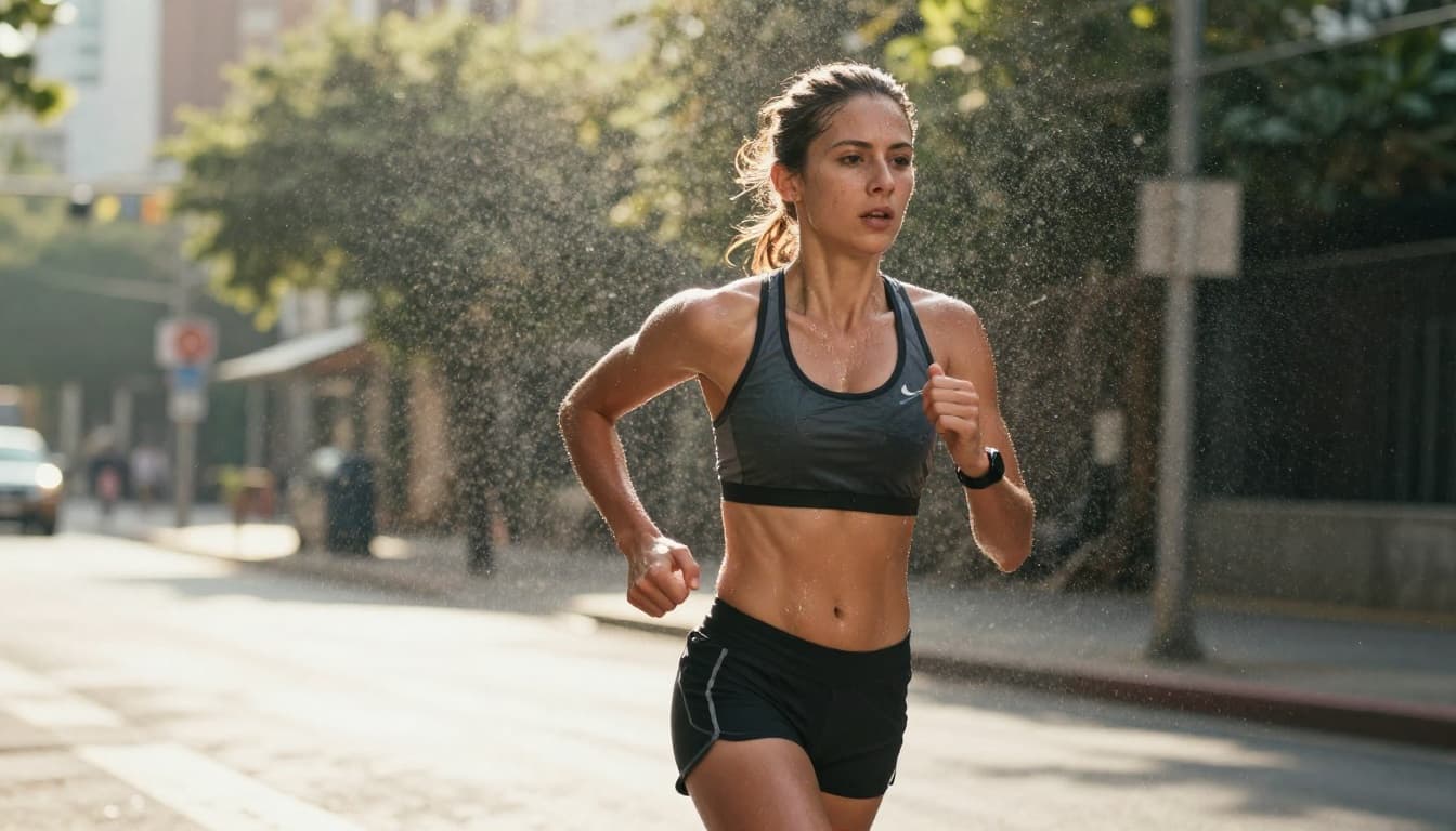 A single female runner jogs intensely on a humid city street in summer heat, with heavy sweat visible on her skin, clothes, and flying droplets, under a hazy sun.