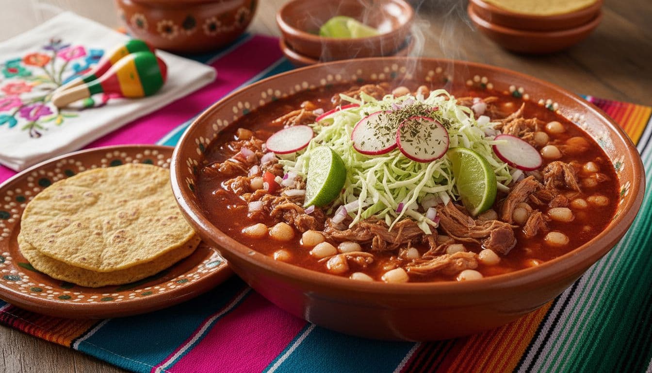 A vibrant bowl of pozole rojo features rich red chili pork broth with large hominy kernels, topped with shredded cabbage, sliced radishes, diced onion, lime wedges, and oregano, accompanied by a corn tortilla in a colorful Mexican table setting.