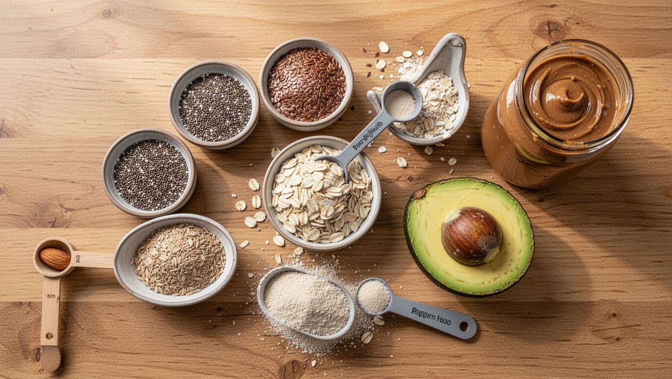 Top-down view of small bowls of chia seeds and ground flaxseeds, scoop of rolled oats, psyllium husk, half sliced avocado, and almond butter on a wooden kitchen table, in soft natural light.