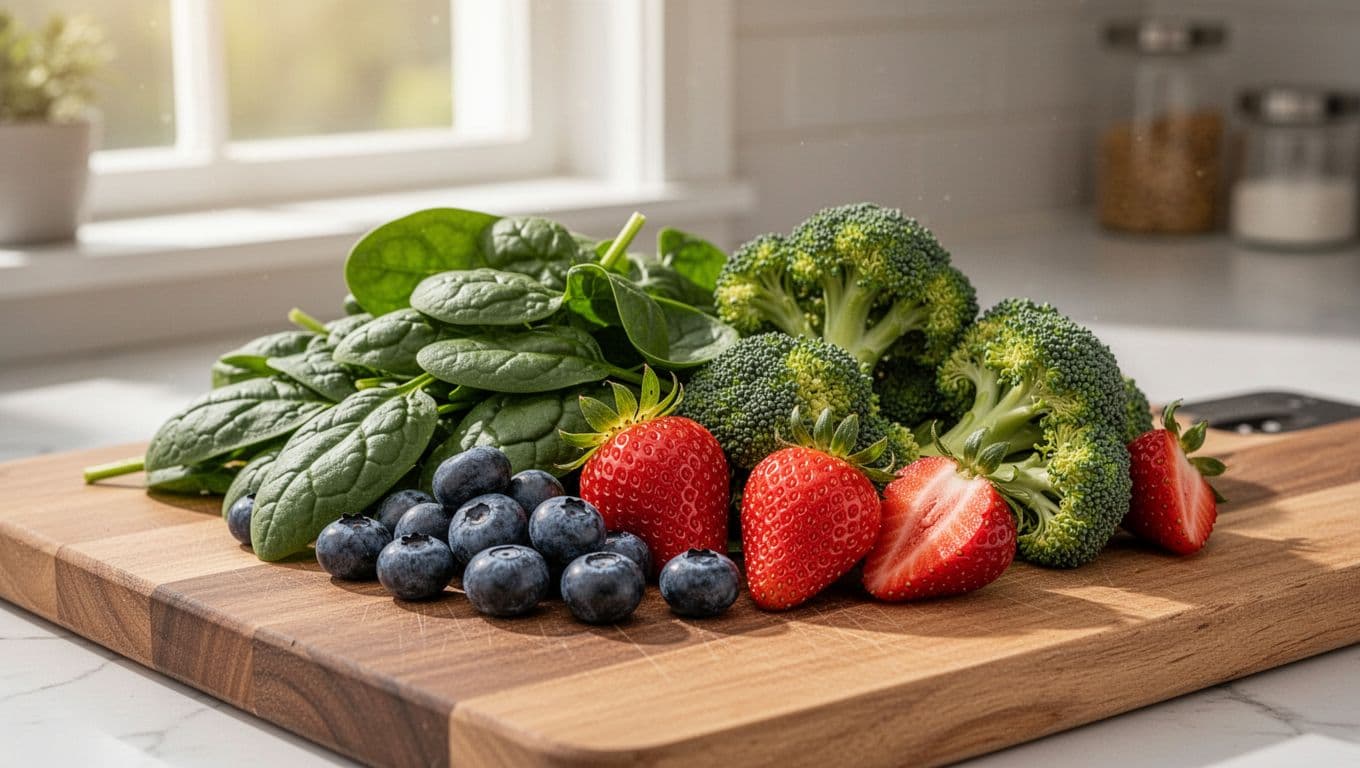 Fresh spinach leaves, blueberries, strawberries, and broccoli florets on a wooden cutting board in a bright kitchen with natural light, illustrating high-fiber veggies and fruits for postpartum meals.