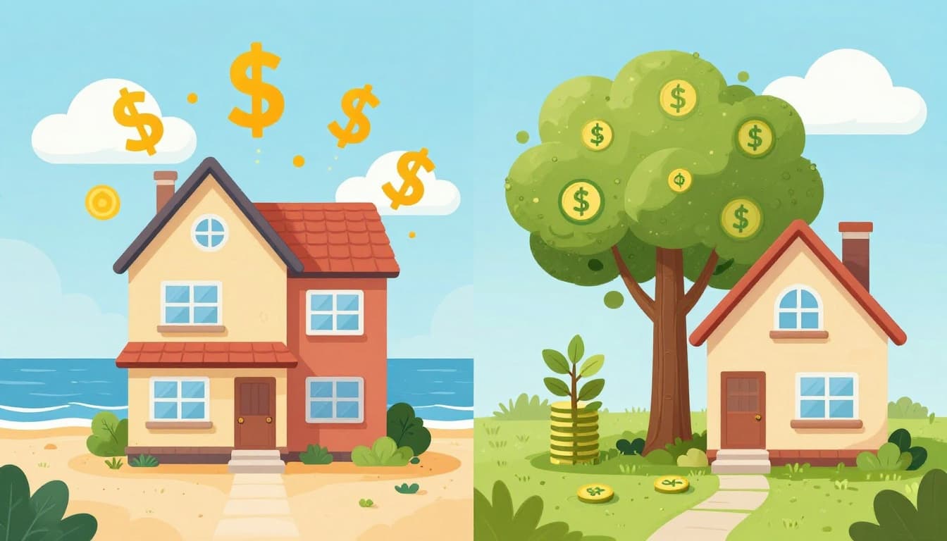 Split scene illustration comparing an expensive coastal beachfront home with raining dollar signs to an affordable cozy midwest suburban house featuring a growing money tree and savings icons, both under sunny skies.