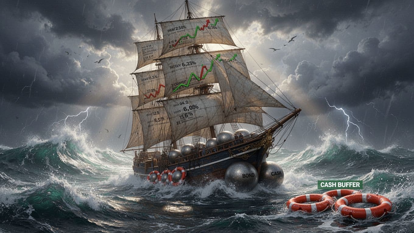 A sturdy ship on rough seas symbolizes a FIRE portfolio, with stock sails tilting in the wind, bond ballast providing stability, and cash life preservers nearby.