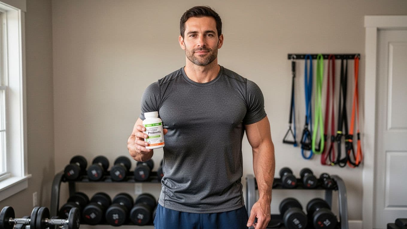 A fit athletic man in his 30s, dressed in gym clothes, stands in a home gym surrounded by dumbbells and resistance bands, casually holding a probiotic capsule bottle in one hand with a relaxed grip under natural overhead lighting.