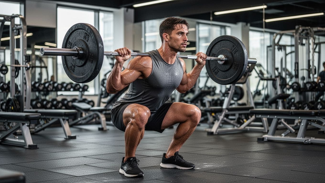 A fit male runner with an athletic build executes barbell back squats in a modern gym, captured in side profile to highlight perfect form including bar on upper back, knees over toes, and depth to parallel, with sweat and intense focus under natural lighting.