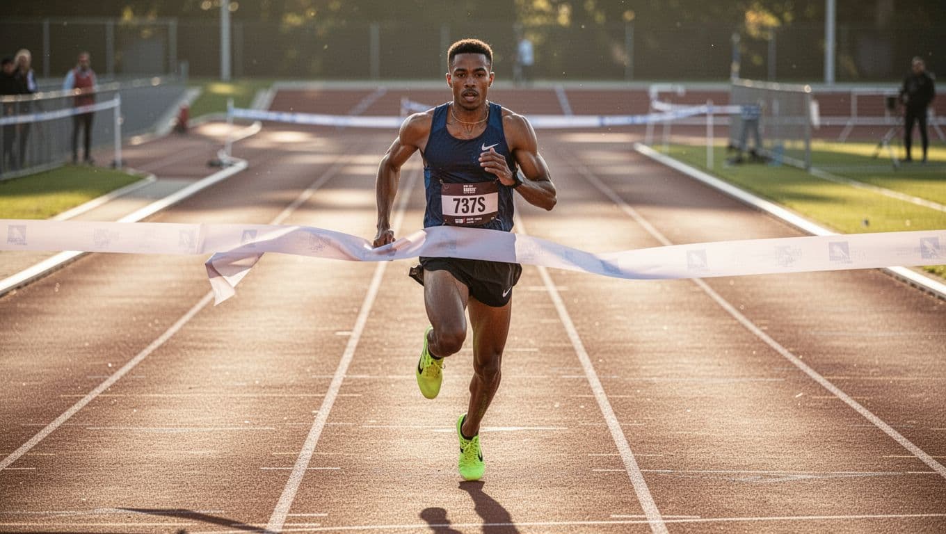 A fit runner crosses the finish line with strong form and focused expression on a sunny track, captured in a dynamic action shot with natural lighting, illustrating improved performance and endurance.