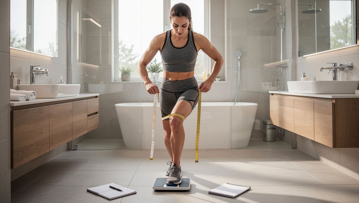 A fit runner in athletic clothes steps on a digital bathroom scale in a bright modern bathroom, holding a measuring tape around the thigh, with a notebook and pen nearby on the floor.