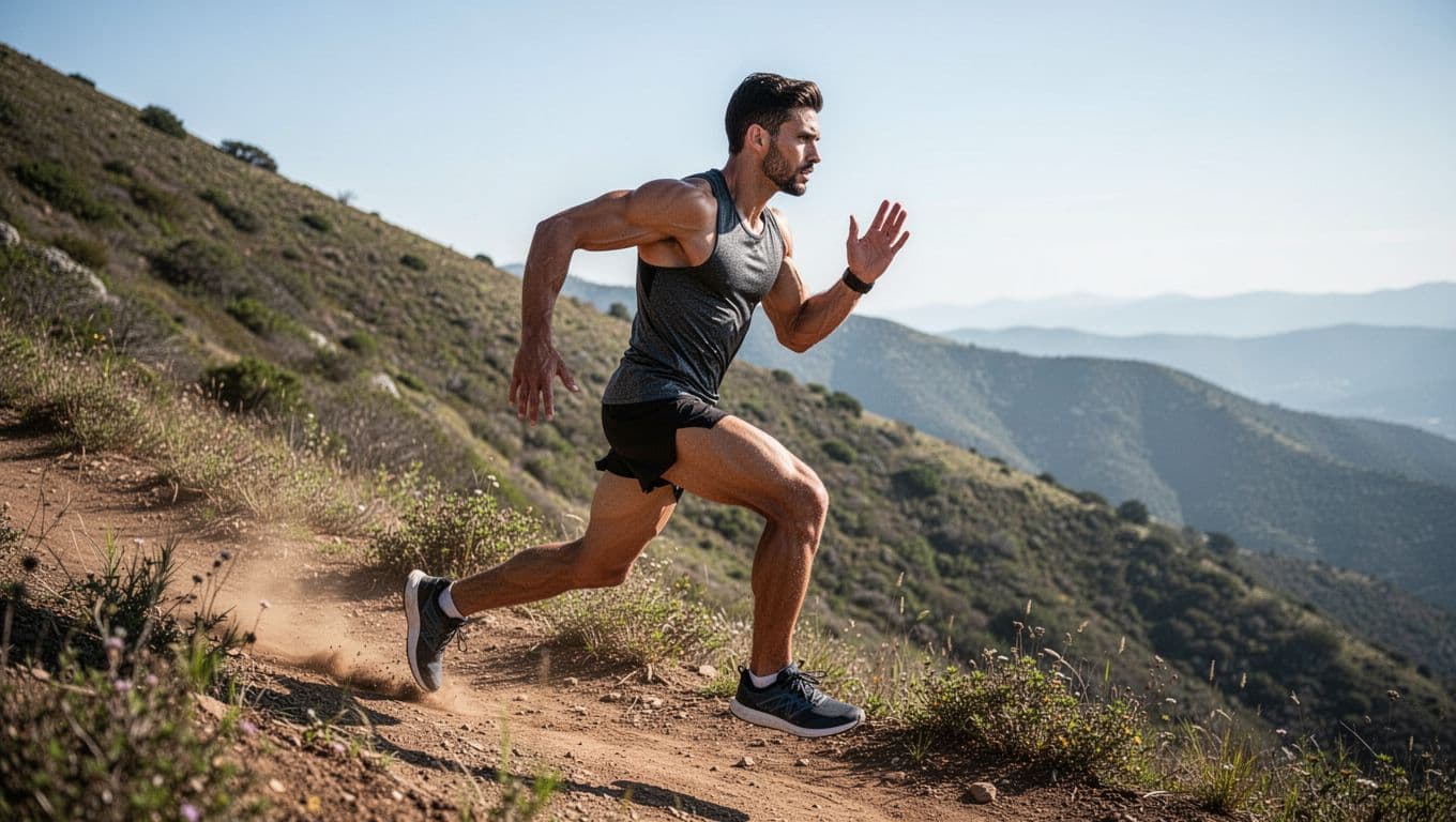 A fit runner with defined leg and arm muscles powers up a steep hill trail on a sunny day, captured in a dynamic side profile showing intense determination. Realistic photography style with sharp details and natural outdoor daylight lighting, landscape orientation with exactly one person.