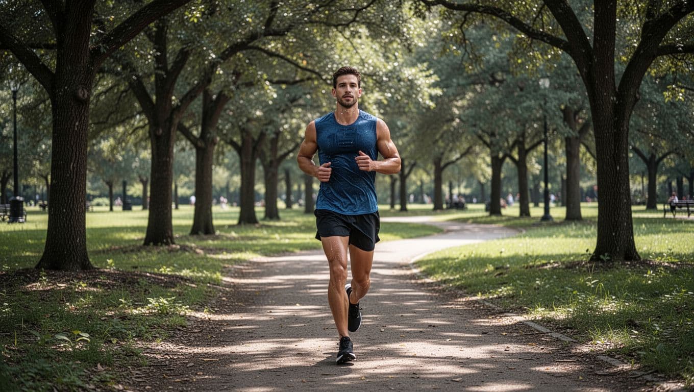 Fit male runner jogs relaxed on shaded park trail with trees ahead in natural daylight.