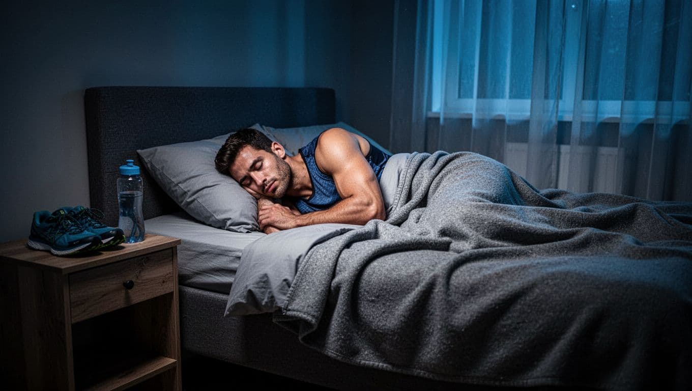 Fit male runner sleeps peacefully in dark bedroom, running shoes and water bottle on wooden nightstand, soft blue moonlight through curtains.