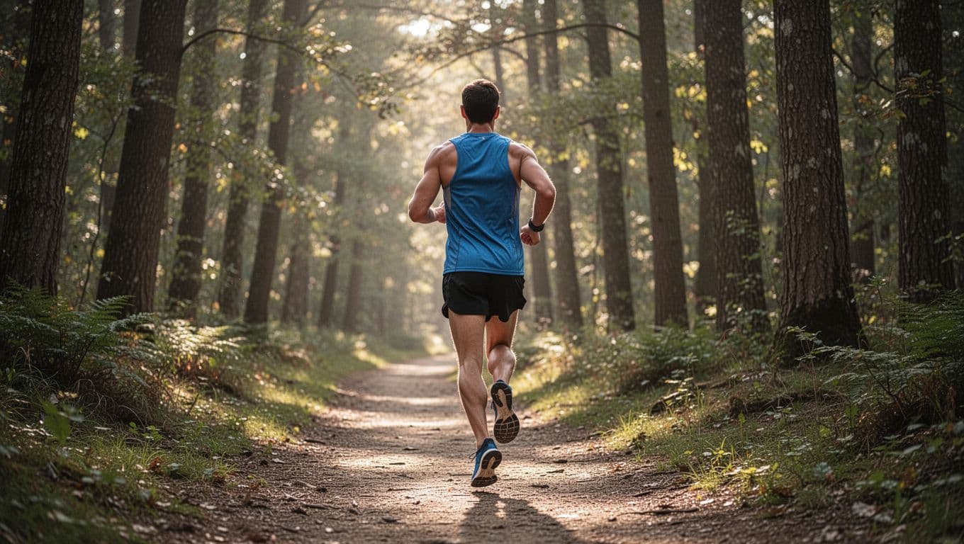 A fit adult runner maintains a steady relaxed pace with good posture and natural stride on a scenic wooded trail, shown in photorealistic three-quarter rear view with soft filtered sunlight through trees, conveying endurance motion.