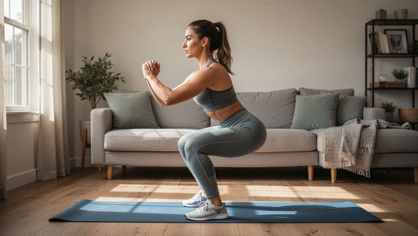 Fit athletic woman in comfortable workout clothes performs a bodyweight squat in a home living room on a yoga mat. Side profile view shows proper form with knees tracking over toes, straight back, natural window light, and soft shadows.