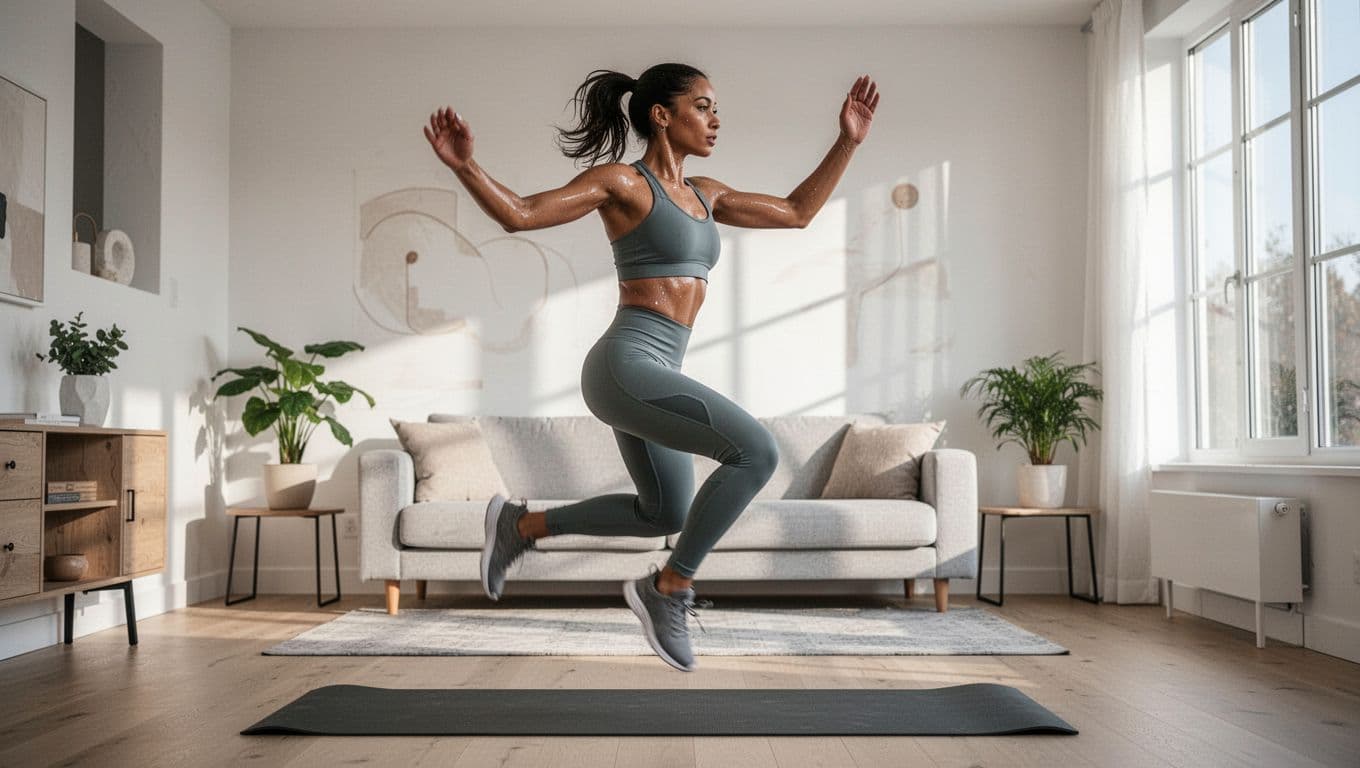 A fit adult woman in athletic wear performs high-intensity jumping jacks in a bright home living room, captured in dynamic side view with motion, natural light, sweaty skin, and focused expression on a yoga mat.