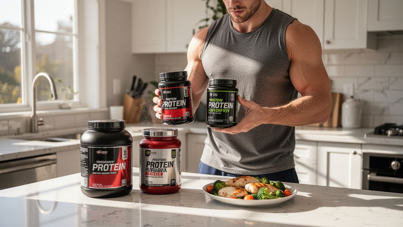 A fitness person in a kitchen compares whey protein isolate and concentrate tubs on the counter next to meal prep with chicken and veggies, in realistic photo style with natural daylight.