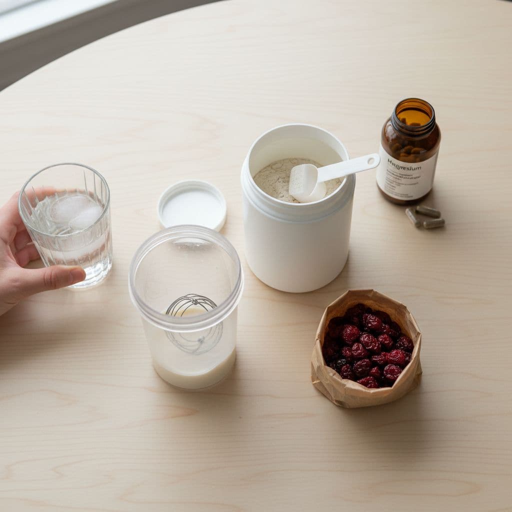 Wooden table with shaker bottle, protein powder container, dried tart cherries bag, magnesium supplements bottle, and hand holding water glass.