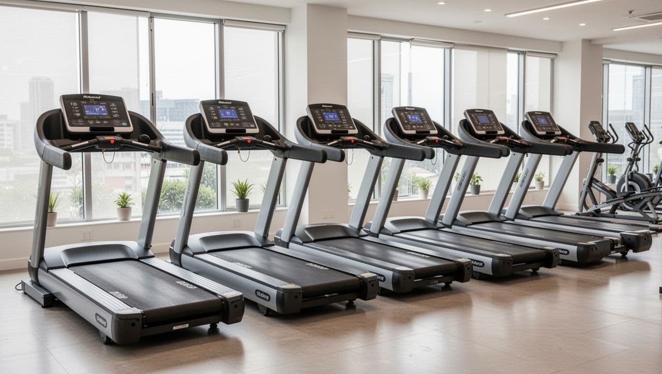 Side-by-side row of five heavy-duty treadmills suitable for heavy users, arranged in a bright modern home gym showroom with photorealistic style and natural daylight lighting, focusing on frames, decks, and consoles.