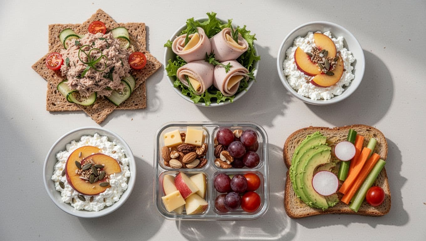 Photorealistic top-down view of five no-cook packable lunches on a clean table, including tuna salad on whole grain crackers with cucumber and tomatoes, turkey roll-ups with cheese and greens, cottage cheese bowl with peaches, nuts, and seeds, divided snack box with cheese cubes, nuts, apple slices, and grapes, and avocado toast with radish, carrot sticks, and cherry tomatoes. Fresh ingredients, natural light, detailed textures, and vibrant colors illustrate easy meal ideas for hot days or busy schedules.