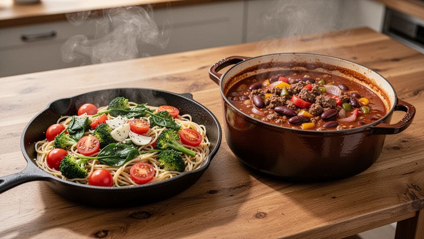 Photorealistic close-up of five steaming hot one-skillet and one-pot dinners on a wooden kitchen table: veggie-loaded pasta, taco rice bowl, chicken vegetable stir-fry, hearty beef chili, and quick vegetable soup, with vibrant colors and high detail textures.