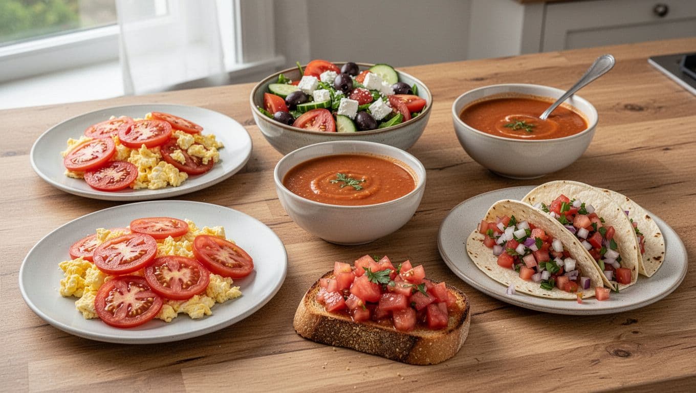 Landscape composition on a wooden kitchen table featuring five tomato-based dishes: scrambled eggs with sautéed tomato slices, Greek salad with tomatoes, cucumber, feta, and olives, tomato soup, bruschetta with tomato topping on toasted bread, and taco with pico de gallo salsa. Bright natural window light highlights juicy red tomatoes in fresh appetizing food photography style.