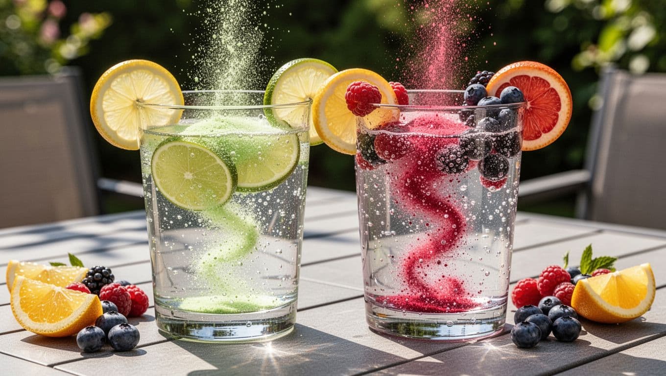 Clear glasses of fizzing electrolyte drinks in lemon-lime and berry flavors, garnished with citrus and berries on a sunny patio table.