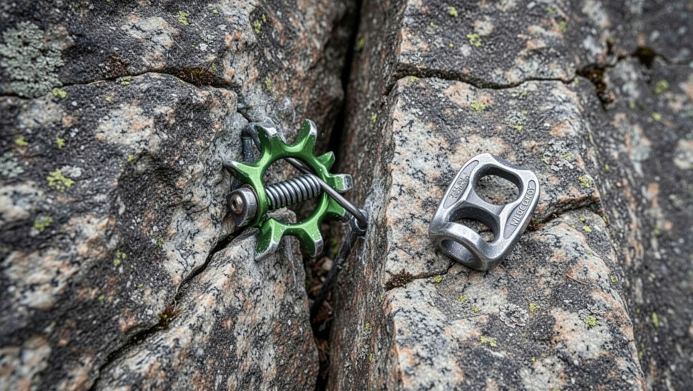 Close-up of a flared widening granite crack with a green spring-loaded cam securely placed, lobes expanded gripping the walls, and a nearby Wild Country Classic Rock nut sitting loose and tipped out, captured in highly detailed realistic photography with natural diffused outdoor lighting.