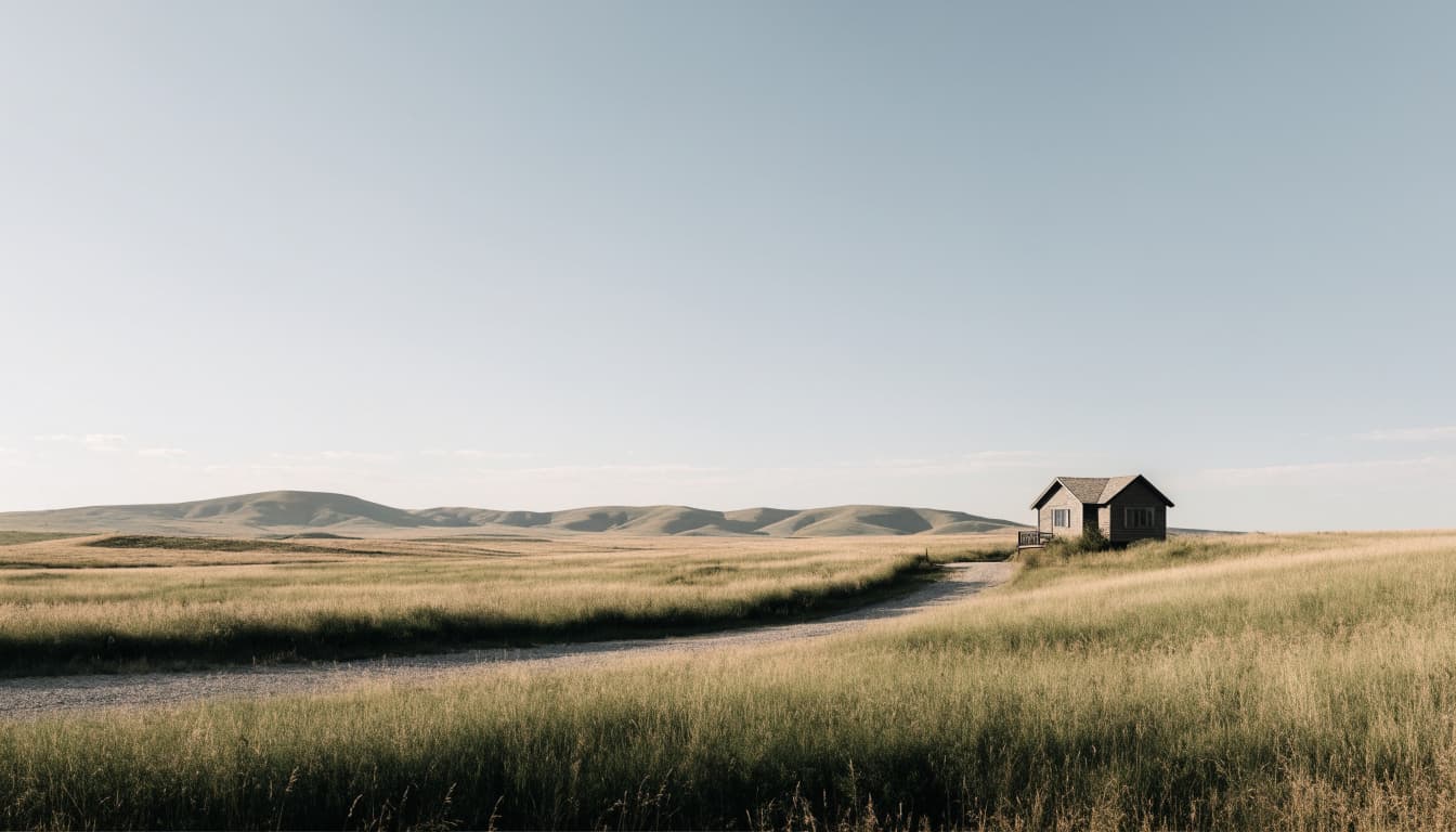 A small cabin sits on a vast rolling prairie under a clear sky with a winding dirt road in the foreground.