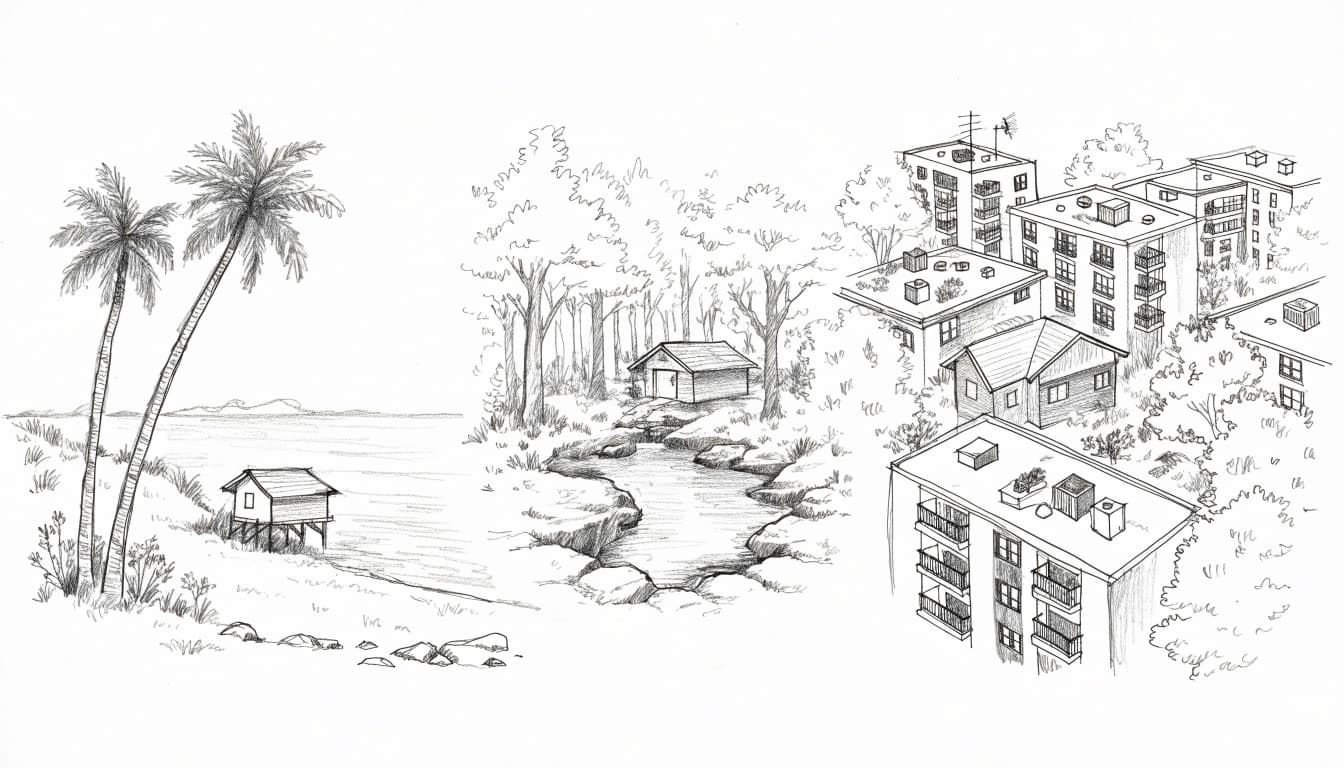 A hand-drawn sketch showing a coastal beach, a forest stream, and an urban cityscape with small buildings.