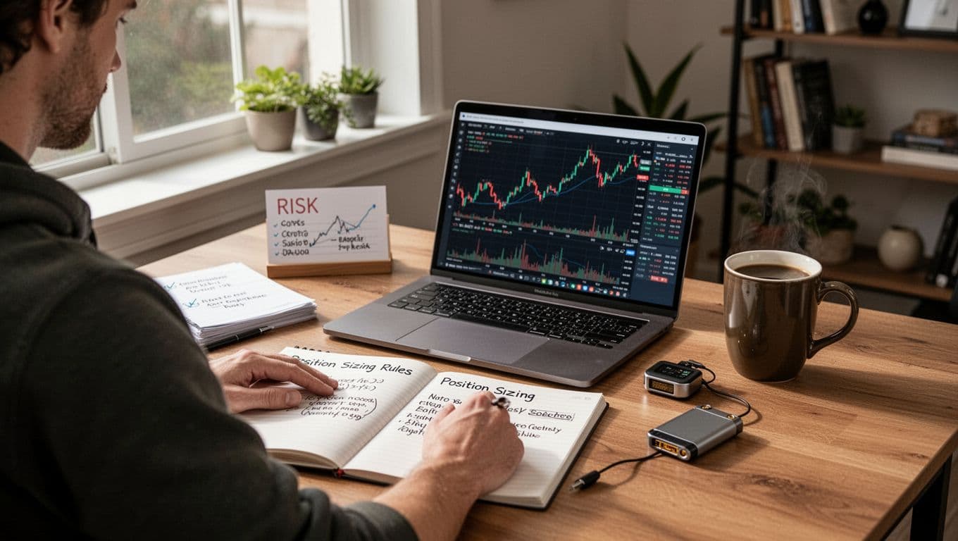 A focused side-hustler sits at a home office desk with a laptop displaying crypto charts and risk notes, an open notepad to position sizing rules, secure hardware wallet, and coffee mug under natural window light in realistic photo style.