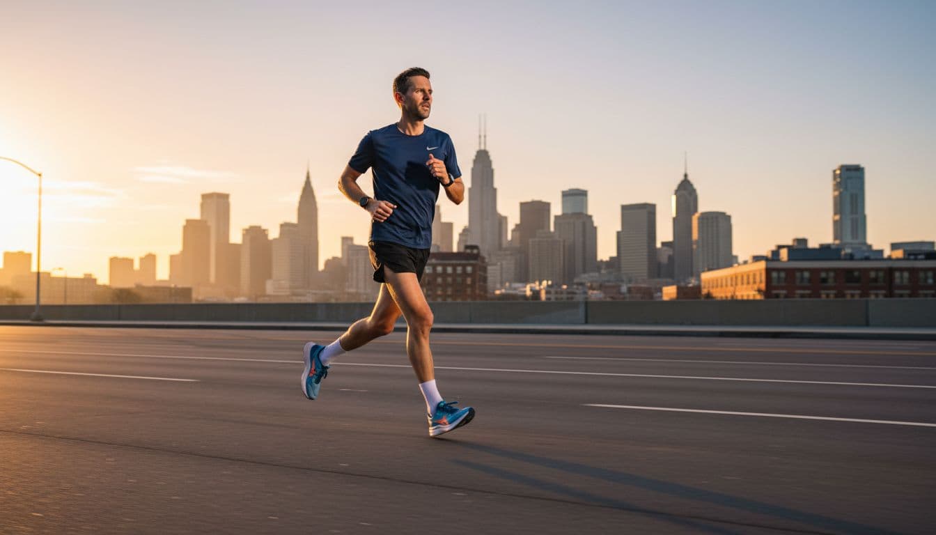 A determined male runner in his 30s with a focused expression runs steadily mid-stride on a flat urban marathon course at dawn, showcasing the effort of a sub-3 hour pace. City skyline in the background, natural lighting, high detail, and dynamic motion blur on legs.