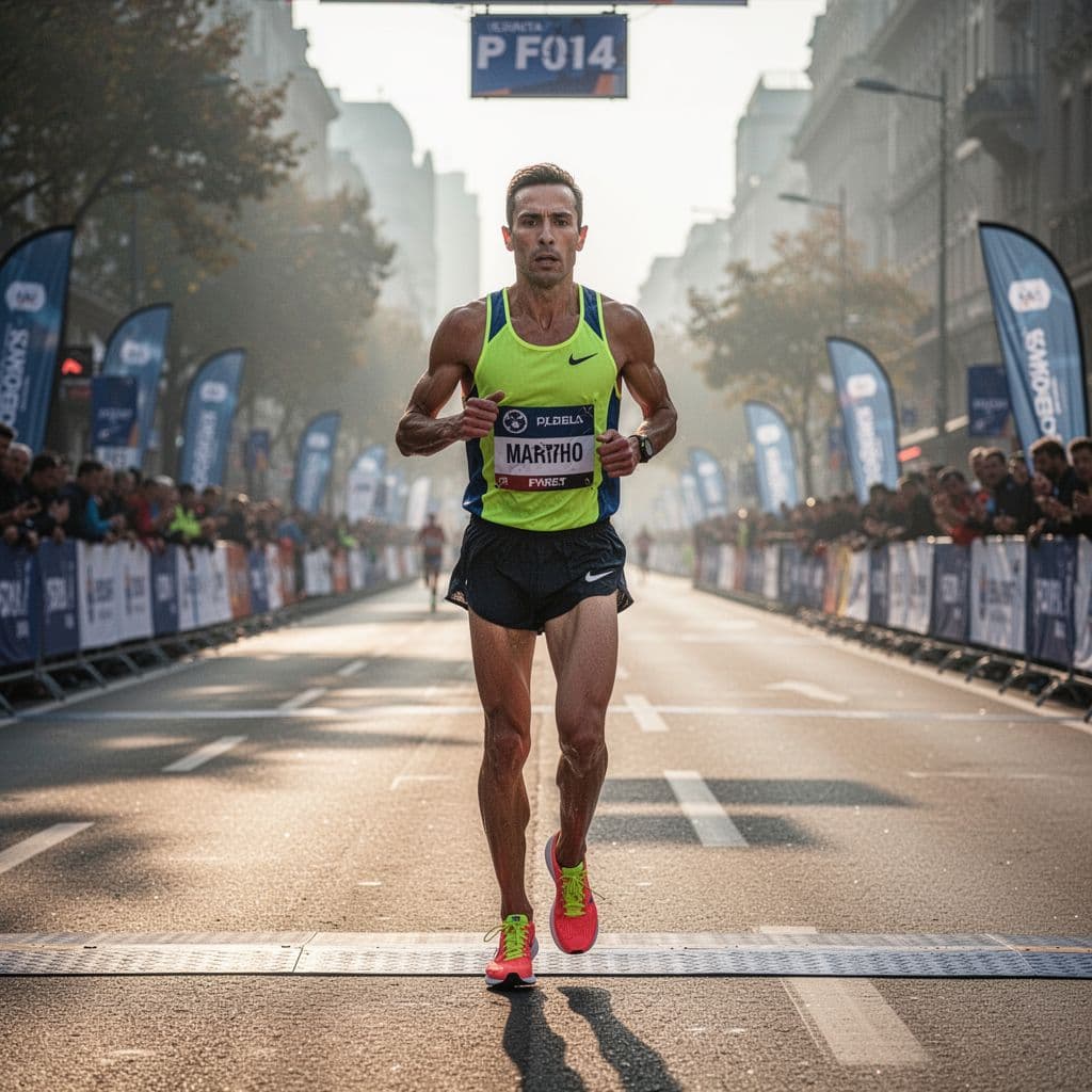 A determined athlete wearing a vibrant athletic kit stands poised at the starting line of a marathon. Golden morning light illuminates the track while the runner maintains a deep, intense focus.